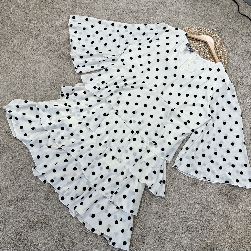 The Pyramid Collection Women’s Polka Dot Ruffle Tiered Mini Dress in White 2X